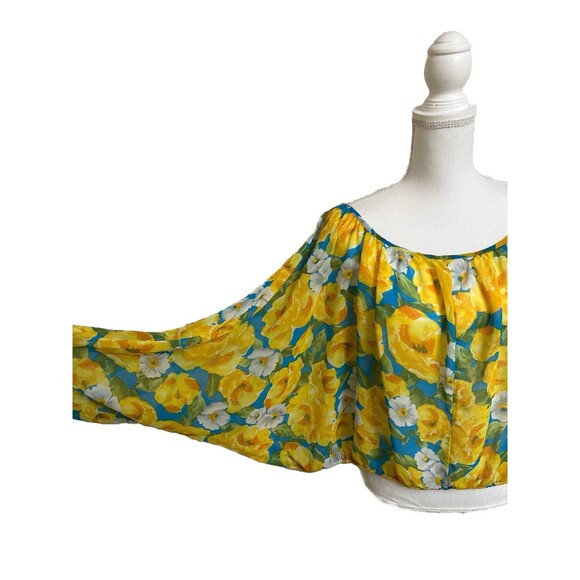 Ambiance Apparel Blouse Women's L Blue & Yellow Floral Semi Sheer Long Sleeve - Picture 4 of 6